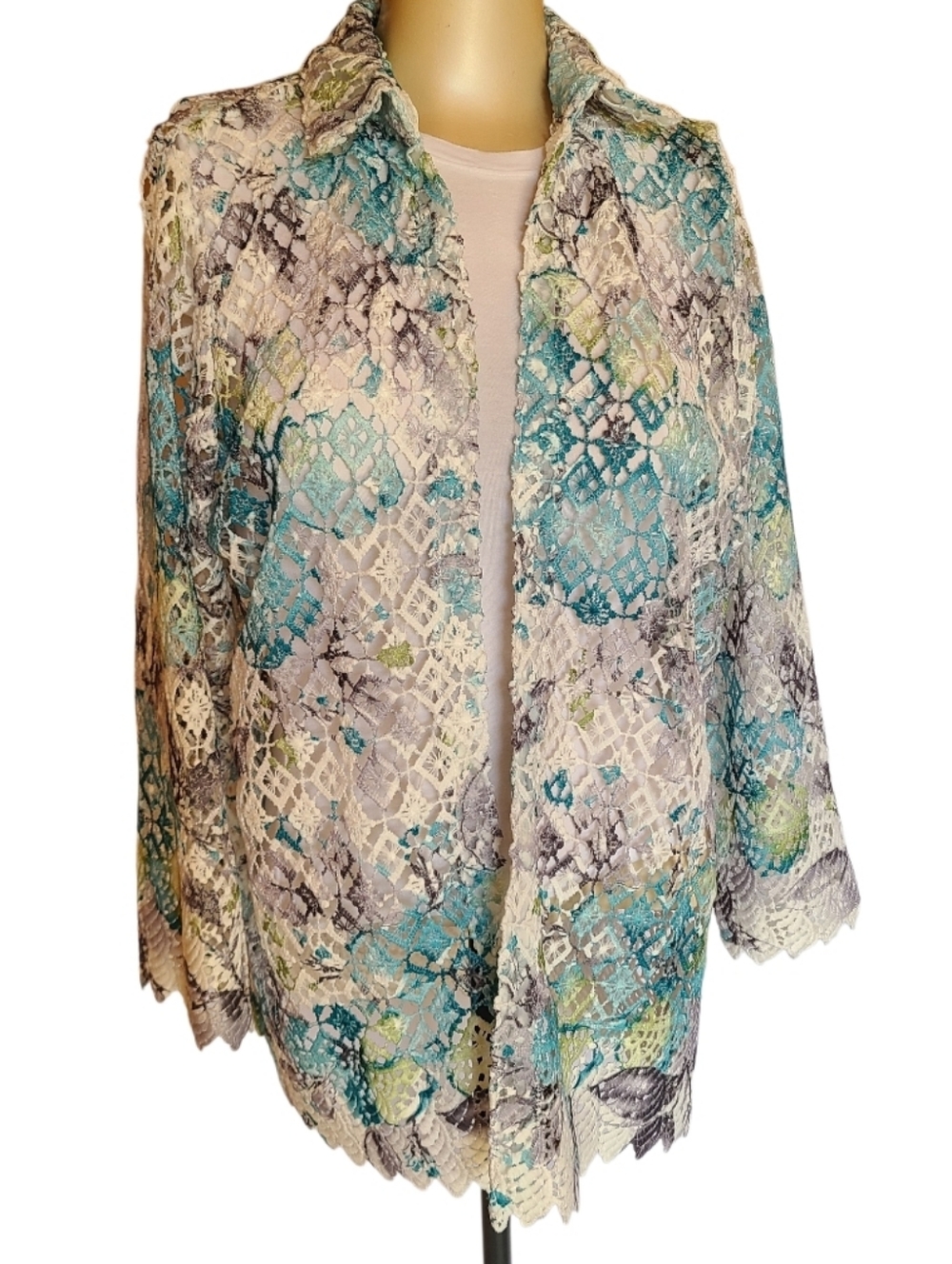Alfred Dunner Floral Open Weave Crochet Lace Jacket Sheer Boho Cardigan M